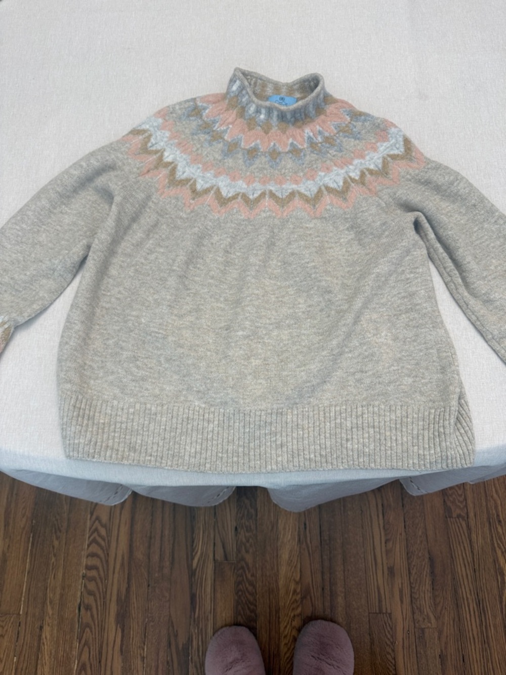 CeCe Light Gray Fair Isle Turtleneck Sweater with Pastel Yoke